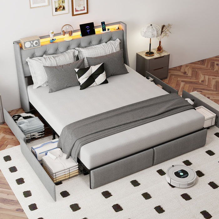 Platform Bed Frame With RGB LED Lights, Charging Station, Storage Headboard & 4 Underbed Drawers Home Essentials