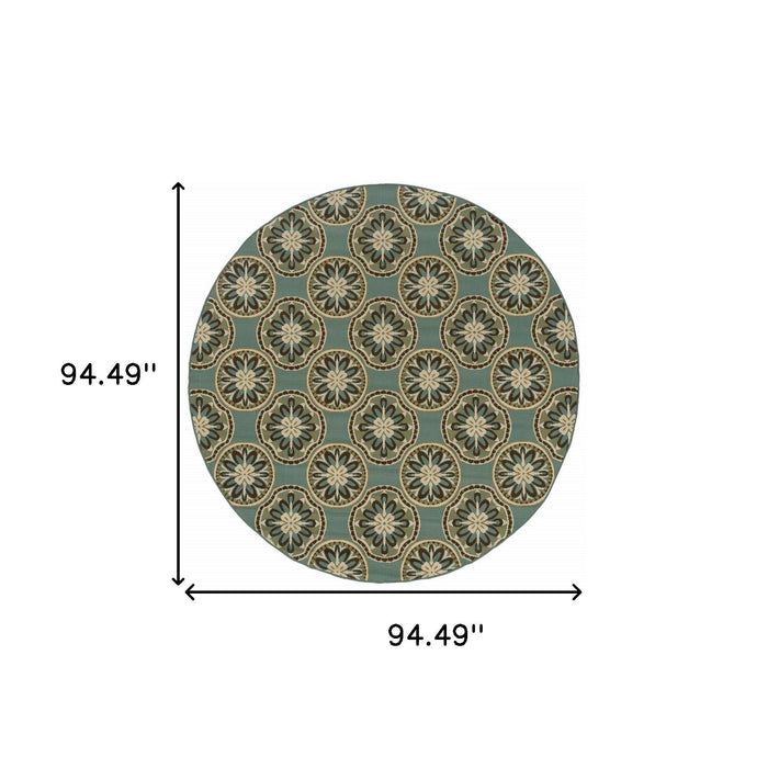 8' X 8' Round Floral Stain Resistant Indoor / Outdoor Area Rug - Blue / Ivory