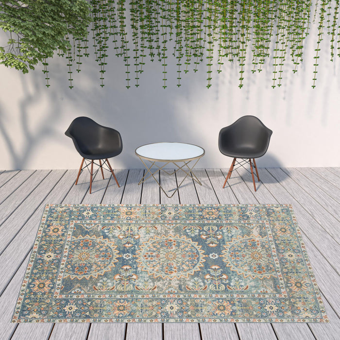 9' X 12' Floral Medallion Stain Resistant Indoor / Outdoor Area Rug - Blue / Orange