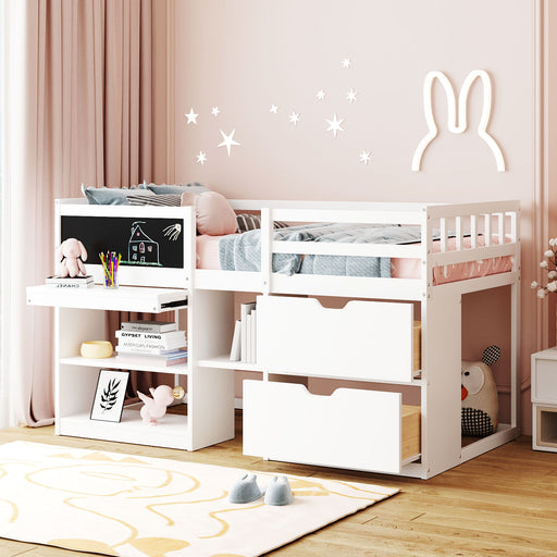 Low Loft Bed With Rolling Desk, Shelf And Drawers DreamHaus