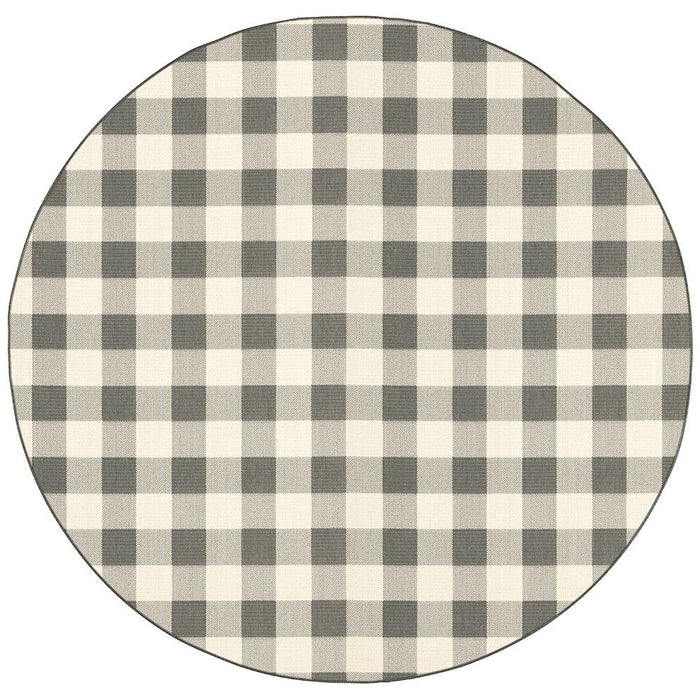 8' Round Round Gingham Stain Resistant Indoor / Outdoor Area Rug - Gray / Ivory