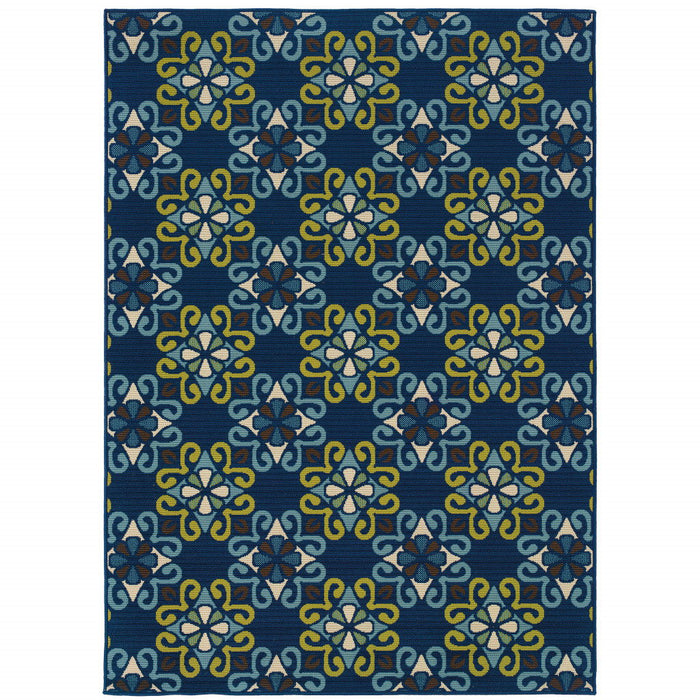 5' X 8' Floral Stain Resistant Indoor / Outdoor Area Rug - Blue / Green