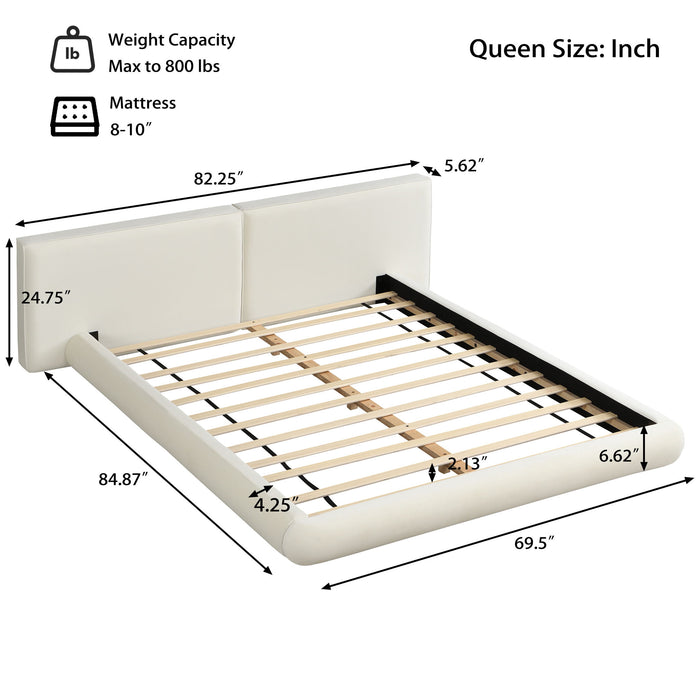 Queen Size Low Profile Platform Bed With Rounded Edges - Cream Noble House