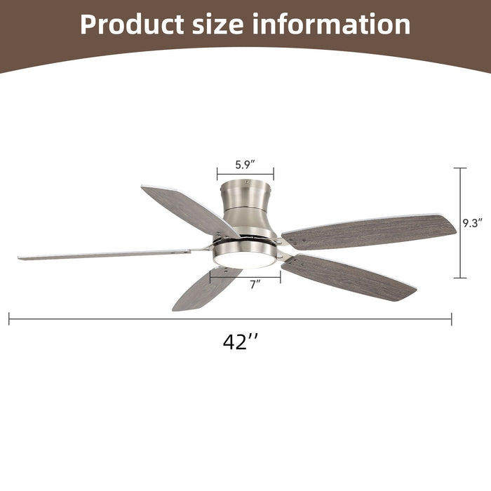 42" Low Profile Ceiling Fan With Light, 18W Dimmable LED, Reversible DC Motor, Quiet Operation, 5 Blades, Remote Included - Silver Daily Nest