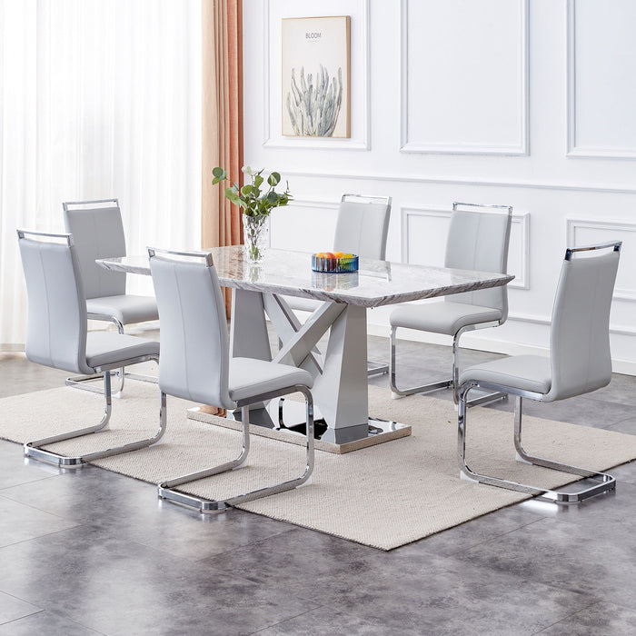 1 Table And 6 Chairs Set, Modern Gray MDF Faux Marble Dining Table With Double V-Shaped Supports.Paired With 6 Modern PU Artificial Leather Soft Cushion With Silver Metal Legs - MDF / Metal