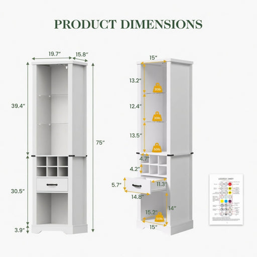 Pantry Cabinet With LED Lights, Wine Rack, Tempered Glass Shelves, And Barn Door Design - White Home Essentials