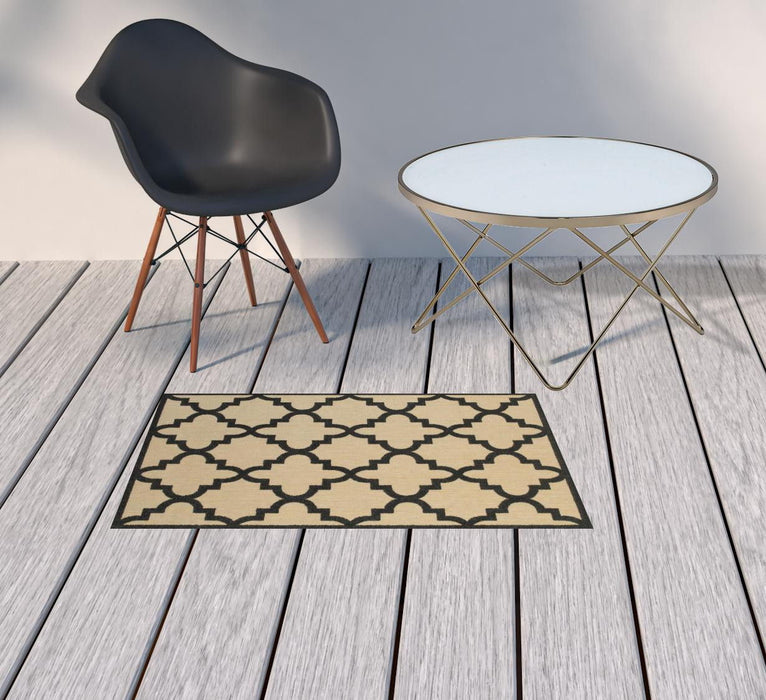 2' X 3' Geometric Stain Resistant Outdoor / Indoor Area Rug - Beige / Black