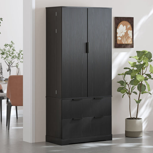 Fluted Kitchen Pantry Cabinet With 2 Large Drawers & 8 Door Spice Rack Freestanding Storage Organizer - Black Home Essentials