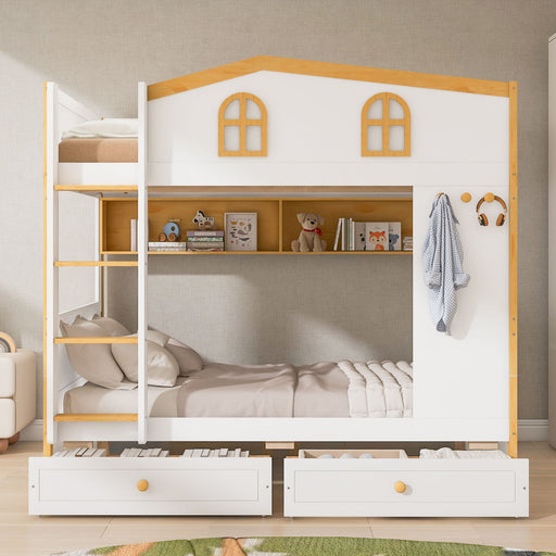 Bunk Bed With House Shaped Guardrails, Storage Shelves, And Trundle Dreamland