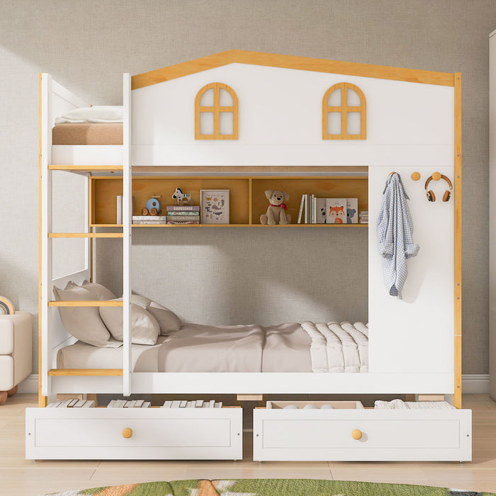 Bunk Bed With House Shaped Guardrails, Storage Shelves, And Trundle Dreamland