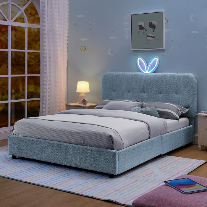 Upholstered Bed With Oversized Rabbit Ear Headboard, LED Lights & 4 Storage Drawers Home Essentials