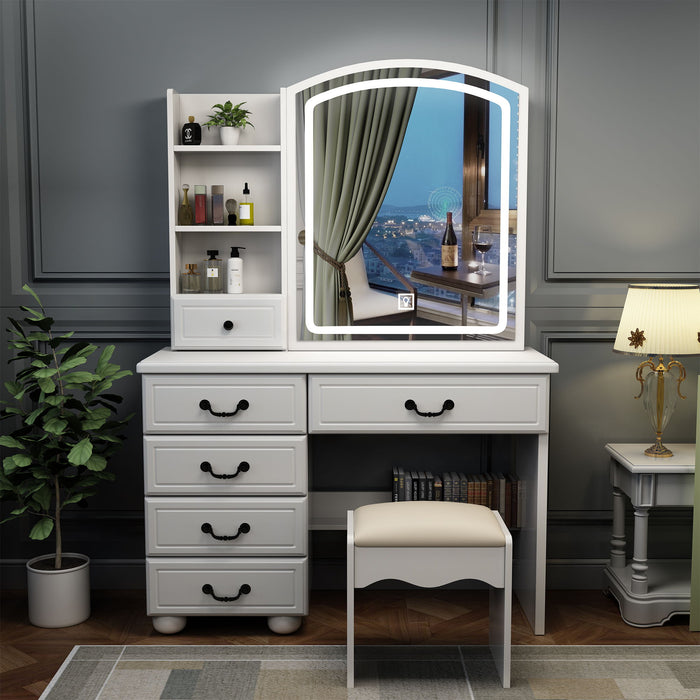 Fashion Vanity Desk With Mirror And Adjustable Lighting, 6 Drawers, 3 Color Light Modes - White