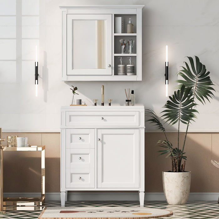 30'' Bathroom Vanity With Top Sink, Modern Bathroom Storage Cabinet With 2 Drawers And A Tip - Out Drawer, Freestanding Vanity Set With Mirror Cabinet, Single Sink Bathroom Vanity - White