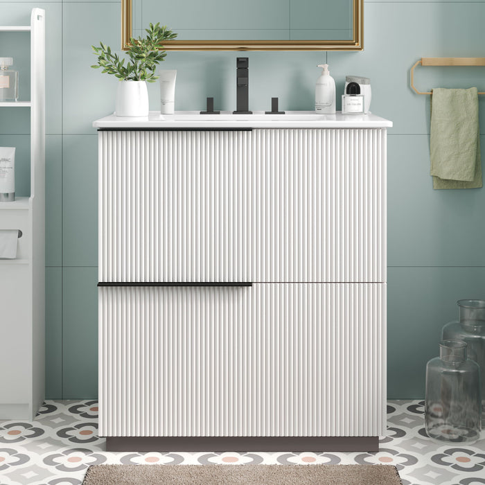 Fluted Bathroom Vanity With Ceramic Sink, Soft Close Slides