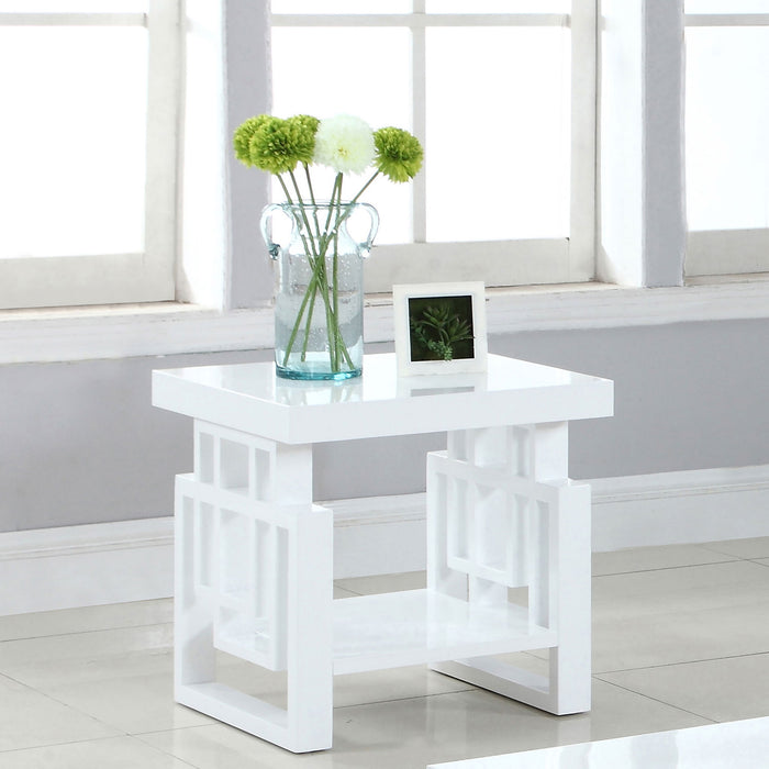 Rectangular End Table With Geometric Design And Open Shelf - White Furniture Max