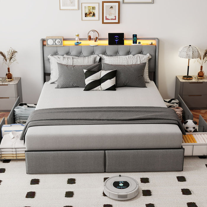 Platform Bed Frame With RGB LED Lights, Charging Station, Storage Headboard & 4 Underbed Drawers Home Essentials