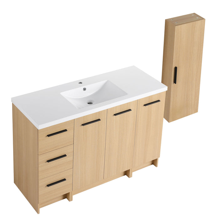 Freestanding Bathroom Vanity Set With Tall Side Cabinet, 3 Drawers And 3 Door Cabinet, Integrated Sink, Large Storage - Glossy White / Light Oak Home Essentials