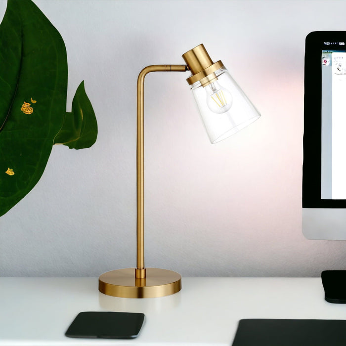 Metal Arched Table Lamp With Clear Cone Shade - Brass