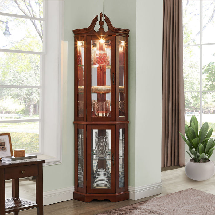 Corner Curio Cabinet With Lights, Adjustable Tempered Glass Shelves, Display Cabinet (E26 Light Bulb Not Included) - Mirrored / Walnut