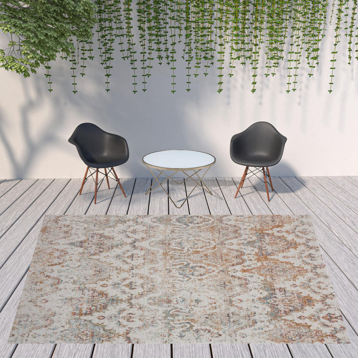 9' X 12' Stain Resistant Indoor / Outdoor Area Rug - Beige Damask