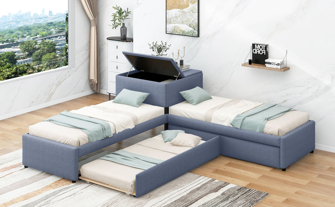 L Shaped Upholstered Platform Bed With Trundle And 2 Drawers Linked With Built In Desk Hearth and Haven