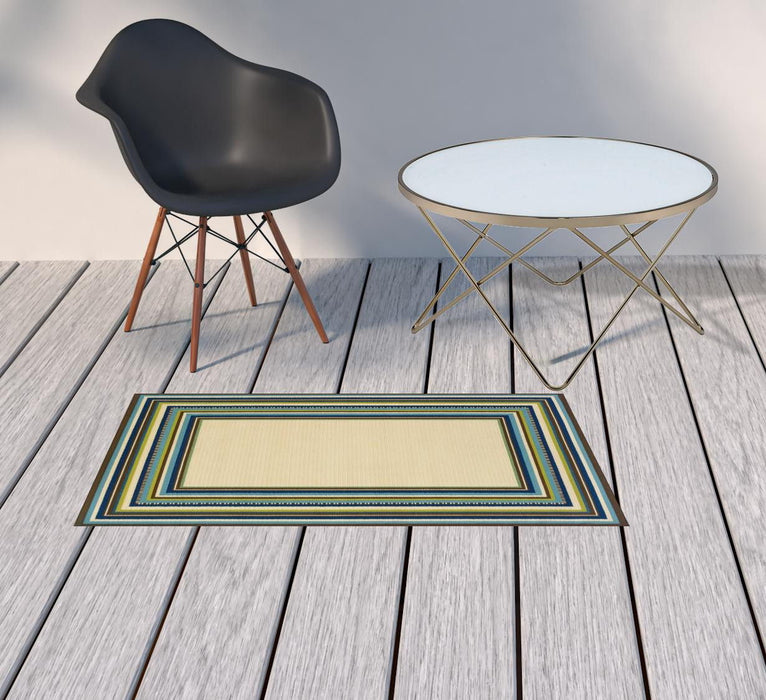 2' X 4' Striped Stain Resistant Indoor / Outdoor Area Rug - Ivory / Blue