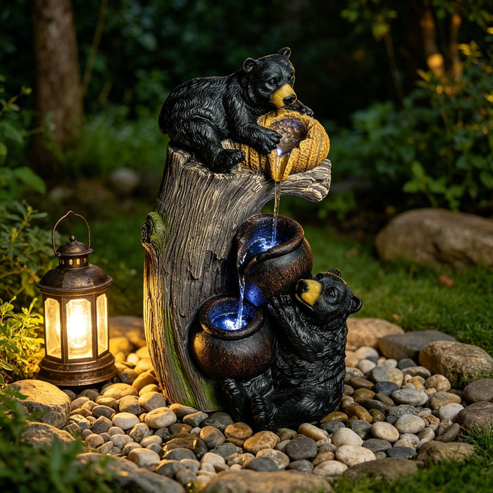 Bear Tree Stump Outdoor Water Fountain With LED Lights - Brown Gray Daily Nest
