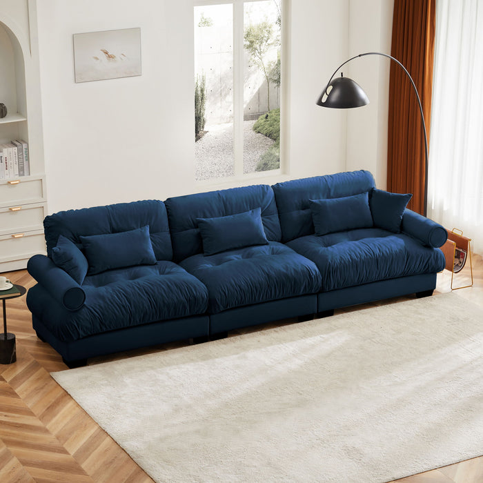 Modern Velvet Sofa With Bolstered Armrests And Pillows