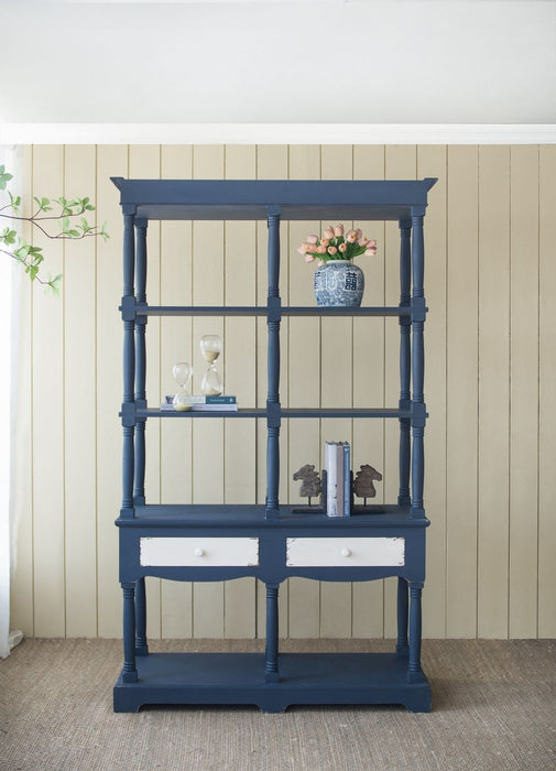 4 Tiered Wooden Shelf With Two Drawers, Farmhouse Wood Bookcase Display Storage Shelf Etageres - Antique Navy Blue