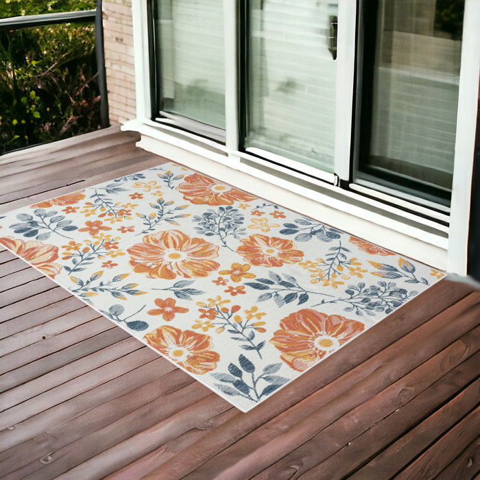 2' X 3' Floral Stain Resistant Indoor / Outdoor Area Rug - Ivory Orange / Blue