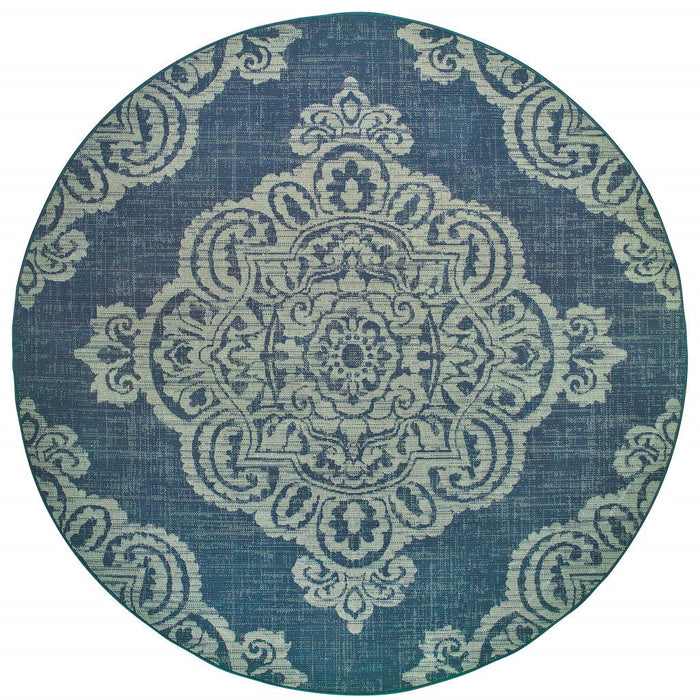 8' X 8' Round Oriental Stain Resistant Outdoor / Indoor Area Rug - Blue