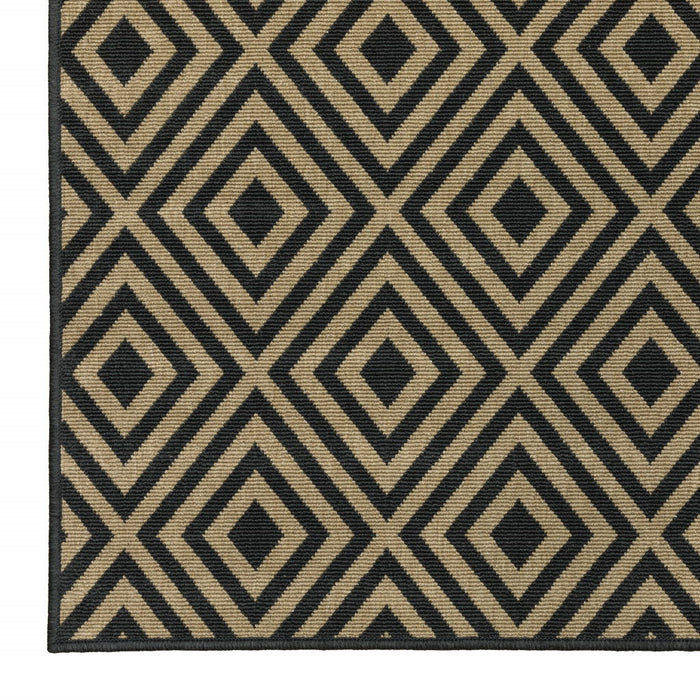 2' X 8' Geometric Stain Resistant Indoor / Outdoor Area Rug - Black / Tan