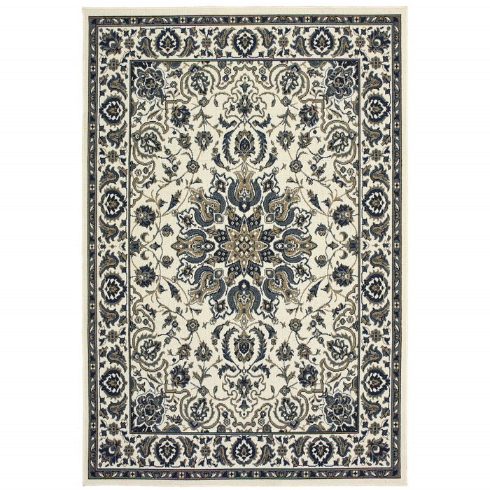 2' X 4' Oriental Stain Resistant Outdoor / Indoor Area Rug - Ivory / Blue