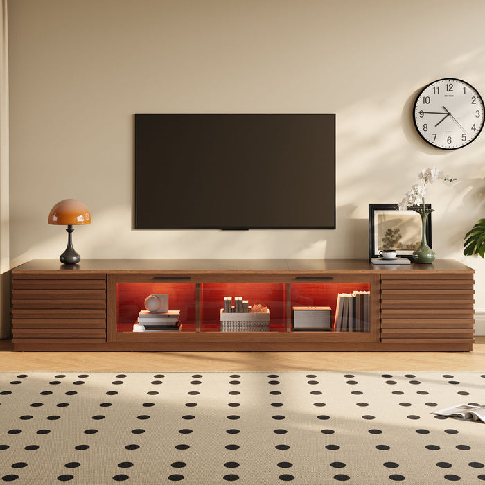 TV Stand With LED Lighting, Soft Closing Hinges, Cable Management - Walnut Hearth and Haven