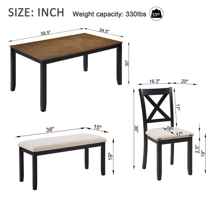 6 Piece Dining Table Set With Bench - Beige / Black / Oak Home Essentials
