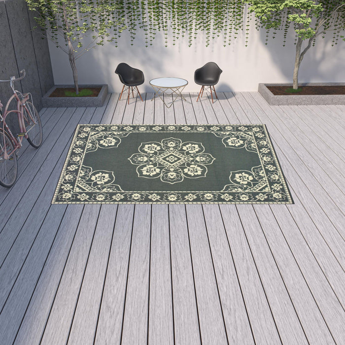 9' X 13' Oriental Stain Resistant Outdoor / Indoor Area Rug - Gray / Ivory