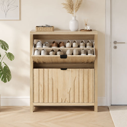 Entryway Shoe Cabinet With Vertical Carved Panels - Oak Home Essentials