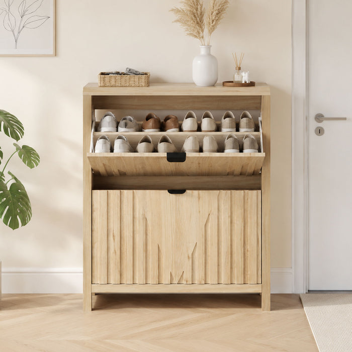 Entryway Shoe Cabinet With Vertical Carved Panels - Oak Home Essentials