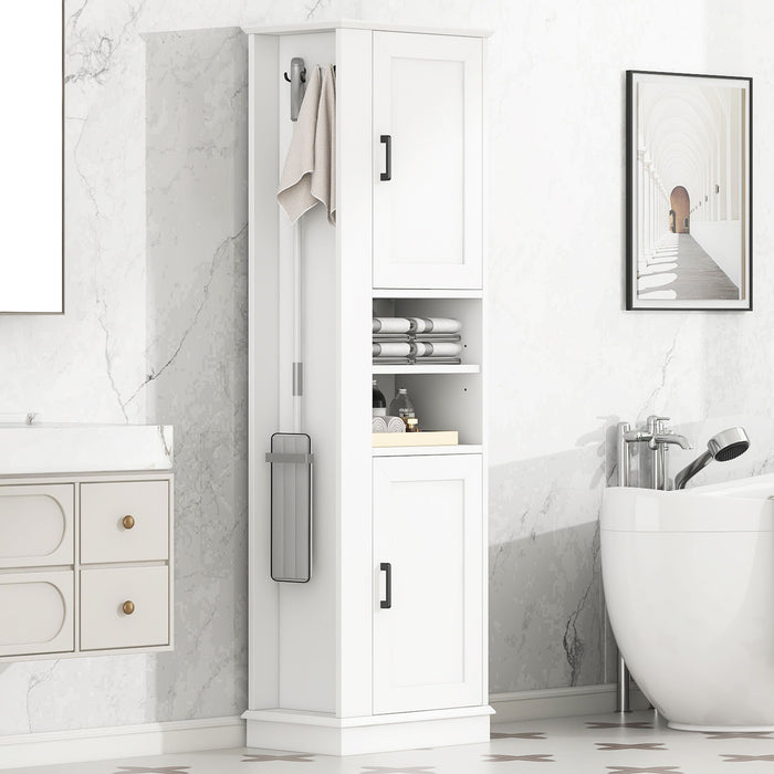 Tall Freestanding Bathroom Storage Cabinet With Adjustable Shelves And Side Hooks Board, Rectangle Design Hearth and Haven