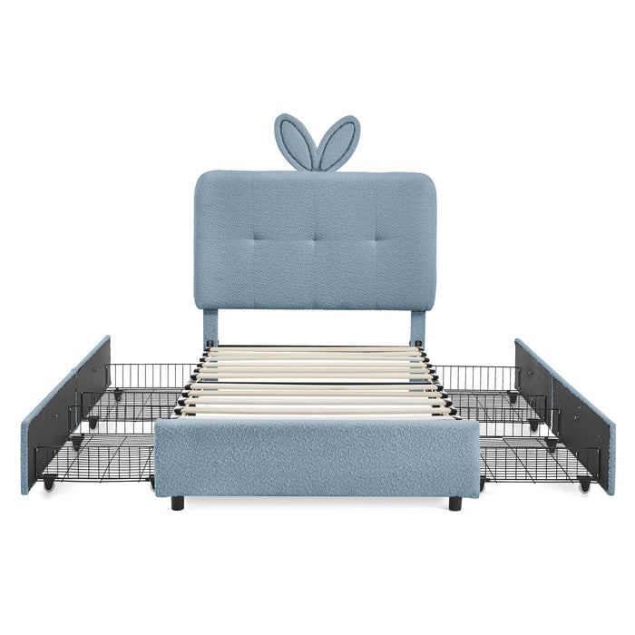 Upholstered Bed With Oversized Rabbit Ear Headboard, LED Lights & 4 Storage Drawers Home Essentials