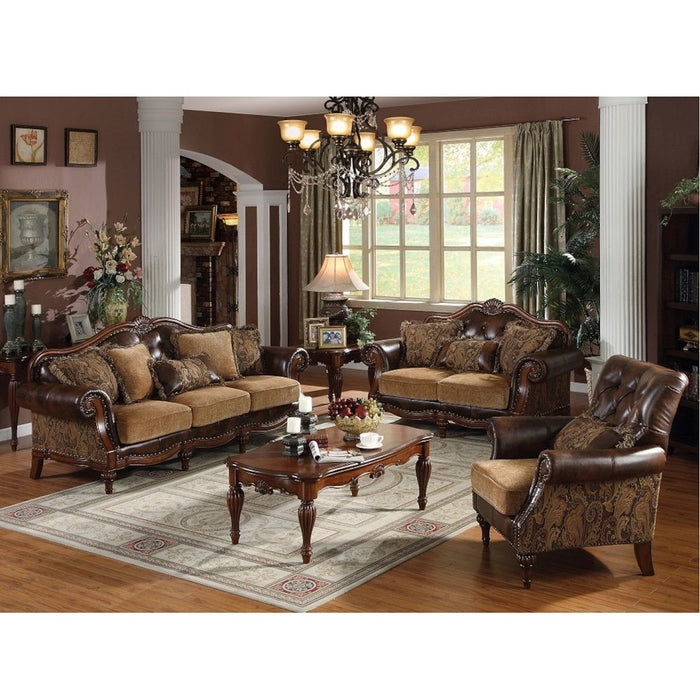 Dreena - Loveseat With 3 Pillows - Two Tone Brown Synthetic Leather & Chenille Cherry ACME