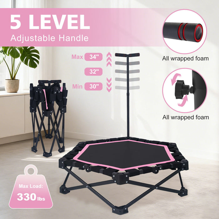 Foldable Mini Trampoline, 1 Step Fold & Open, 3 Level Adjustable T - Bar, Indoor & Outdoor Workout - Black / Pink Daily Nest