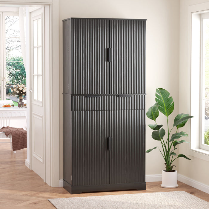 Fluted Kitchen Pantry Cabinet With 3 Keyboard Drawers & 6 Adjustable Door Shelves Home Essentials