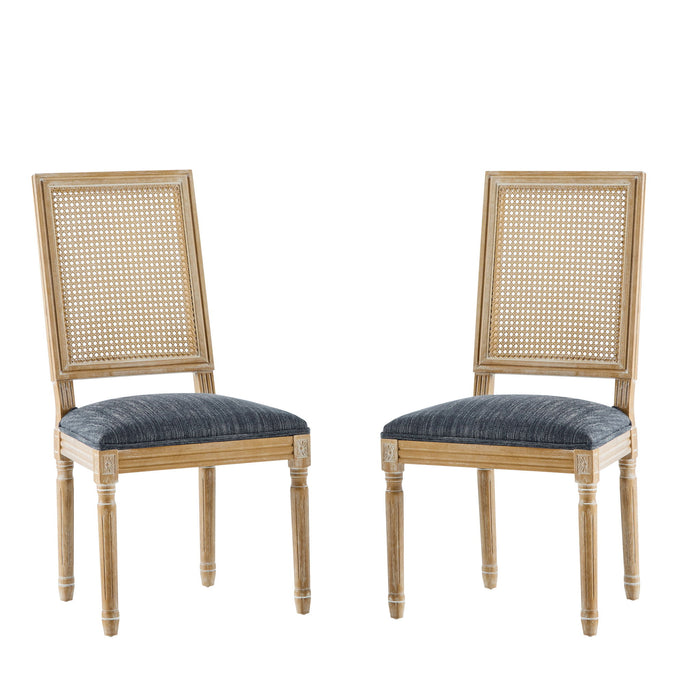 French Country Dining Chair With Rectangular Cane Backrest And Smooth Upholstered Seating