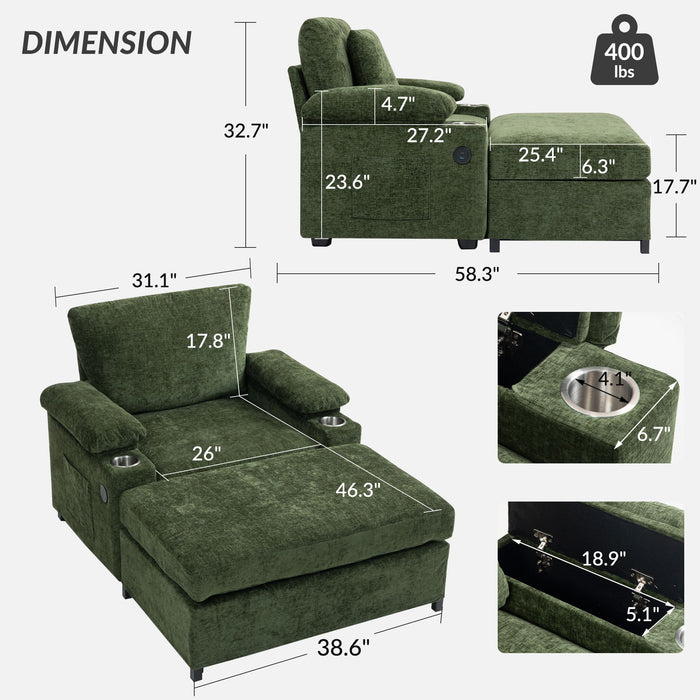 Chenille Fabric Sofa Bed With Cupholders And USB Charging Ports Chair For Living Room