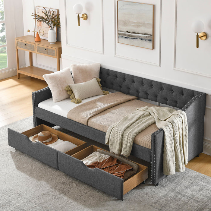 Upholstered Tufted Daybed With 2 Drawers, Waved Arms Home Essentials