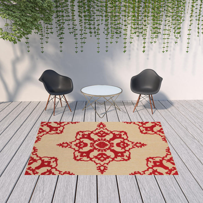 7' X 10' Oriental Stain Resistant Indoor / Outdoor Area Rug - Red