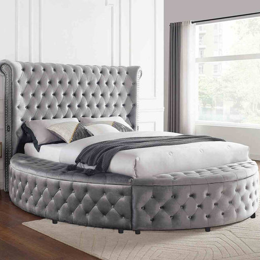 Glam Button Tufted Wingback Round Bed With Storage And USB Ports Home Essentials