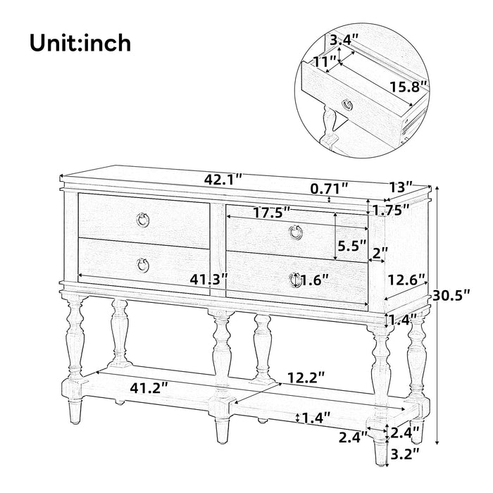 Console Table With 4 Soft Close Drawers, Thick Bottom Shelf For Living Room - Natural Noble House