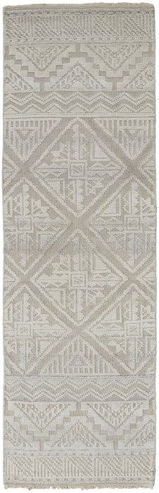Geometric Hand Knotted Runner Rug - Ivory Tan And Gray - 10'